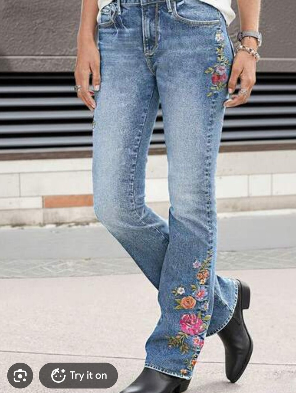 DRIFTWOOD Light Blue Washed Floral Embroidered Wide-Leg Jeans